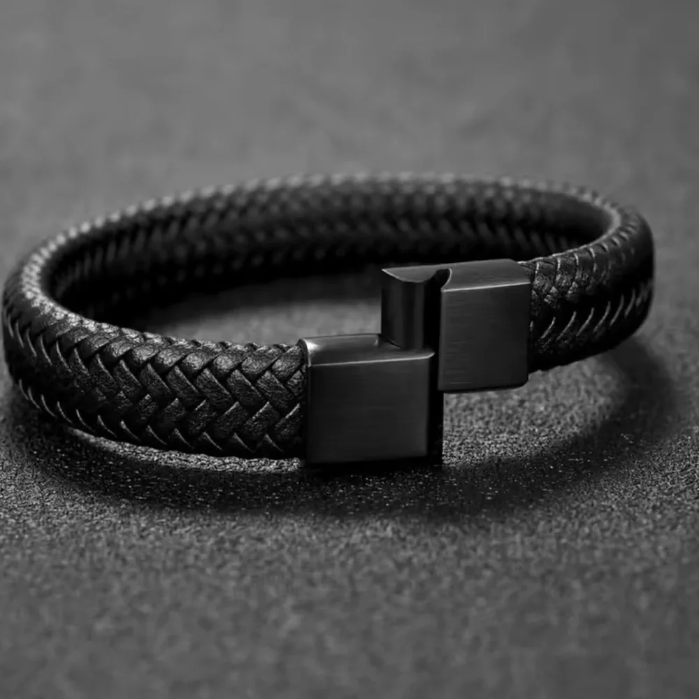 MEN NEW Black Braided Leather Bracelet